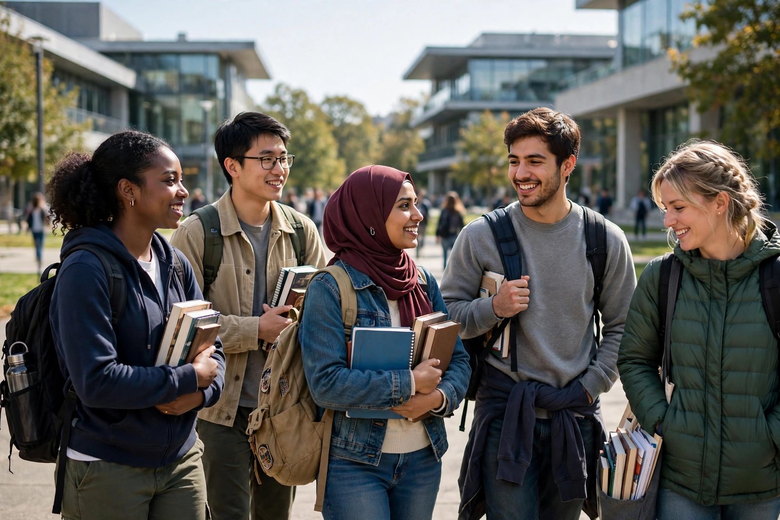 Students walking together on a university campus after applying for free scholarships