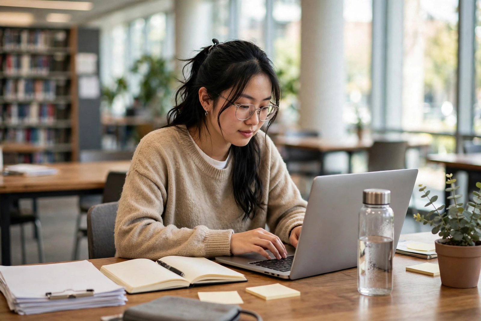 International student applying for no application fee scholarships in USA and Canada on a laptop in a university library