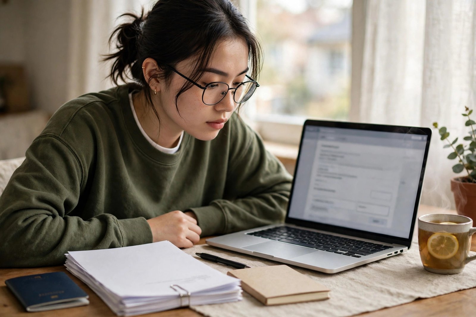 Student applying for scholarships without an agent on a laptop at home with documents organised on the desk