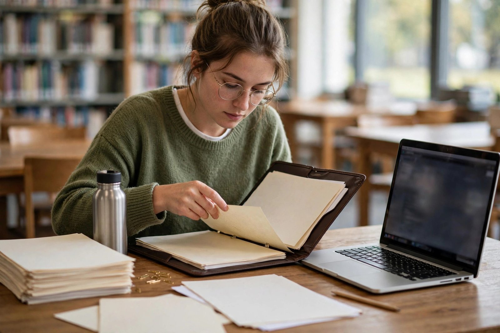 Student organising transcripts and certificates into a folder while preparing a scholarship application without an agent