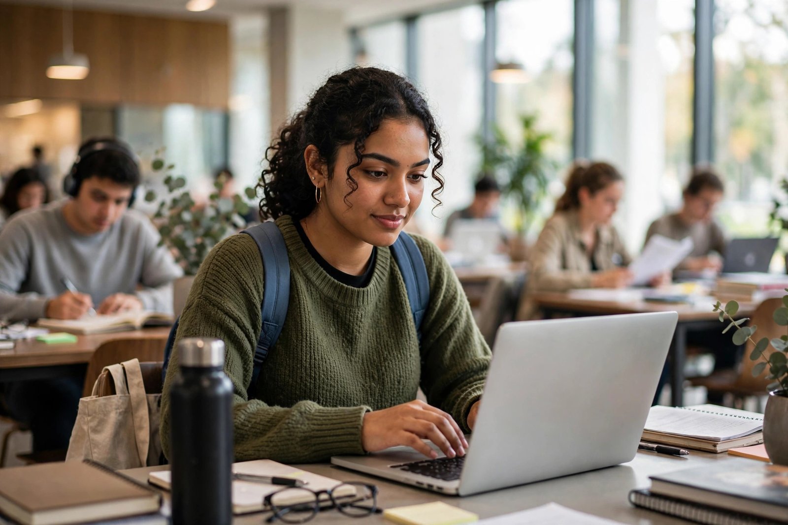 International student applying for scholarships by herself on a laptop in a campus study space, no agent needed