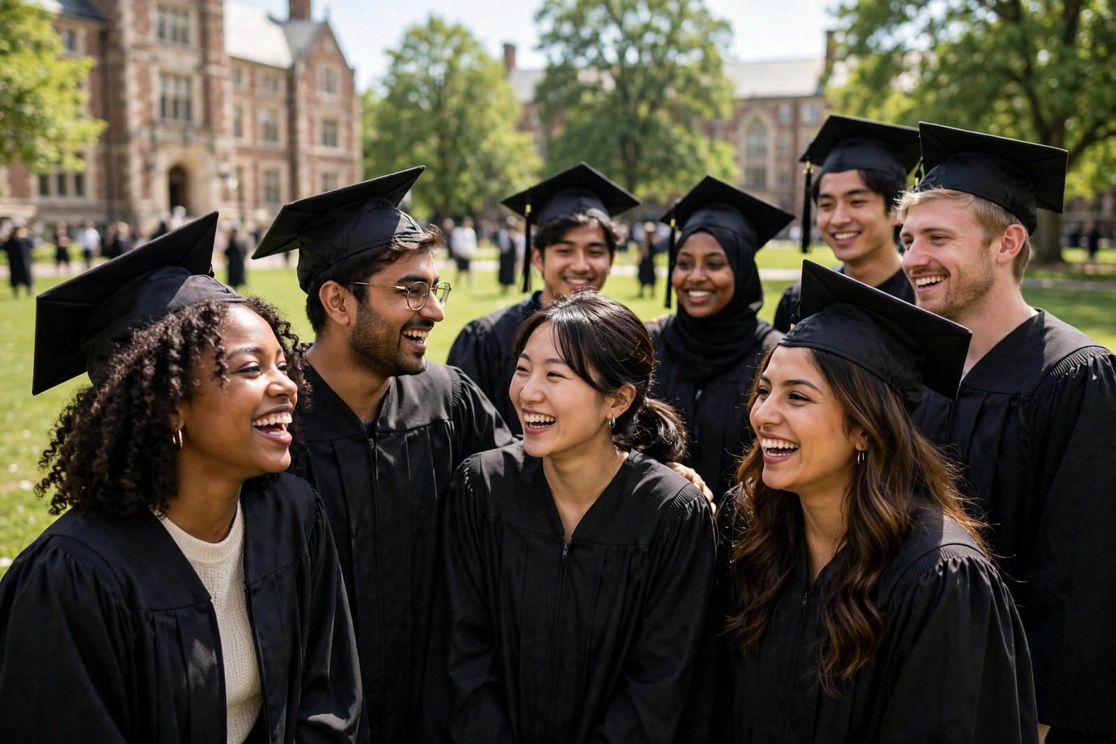 Graduates celebrating on a university campus after applying for scholarships themselves without an agent