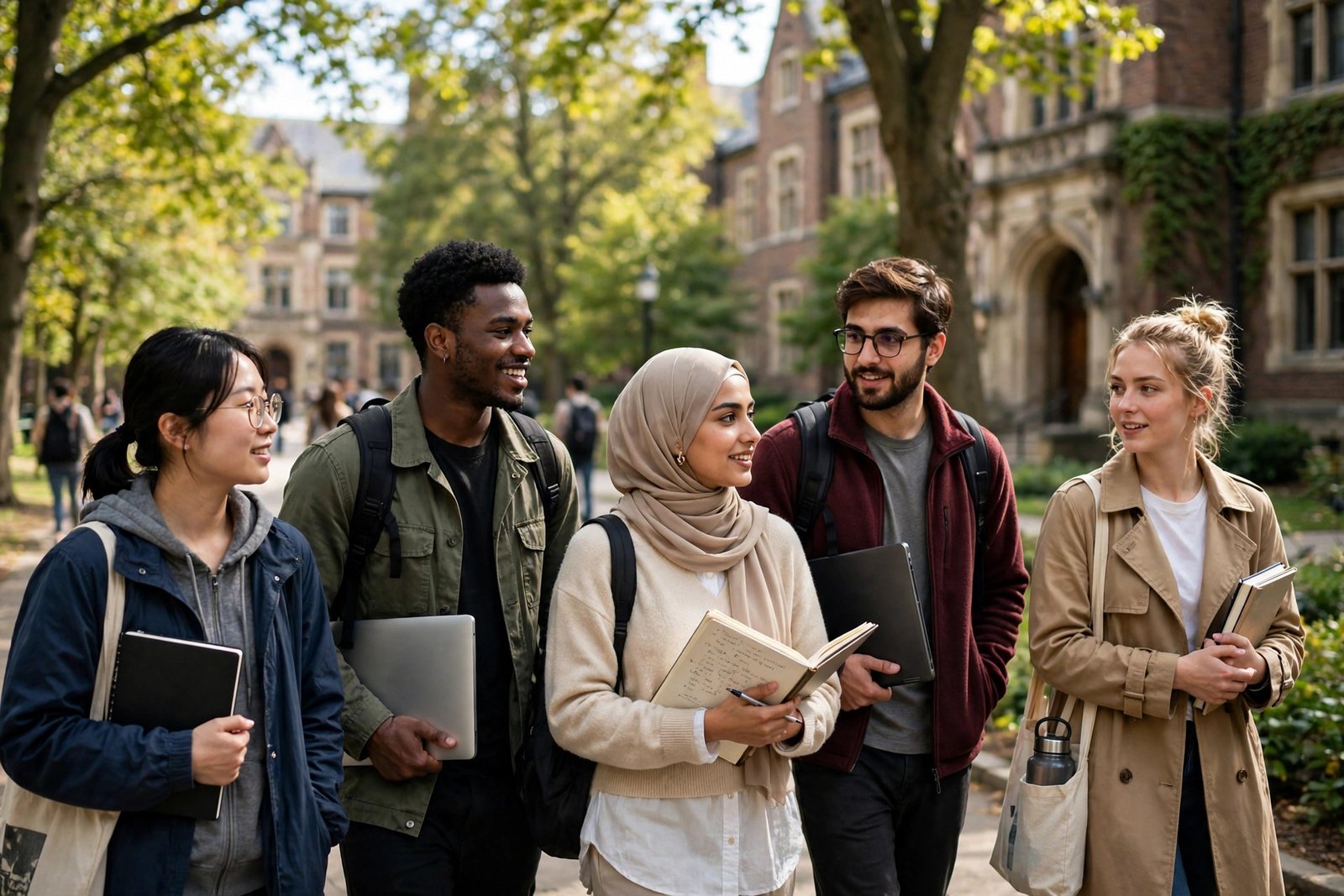 International graduate students walking on a university campus, funded by scholarships with monthly stipend