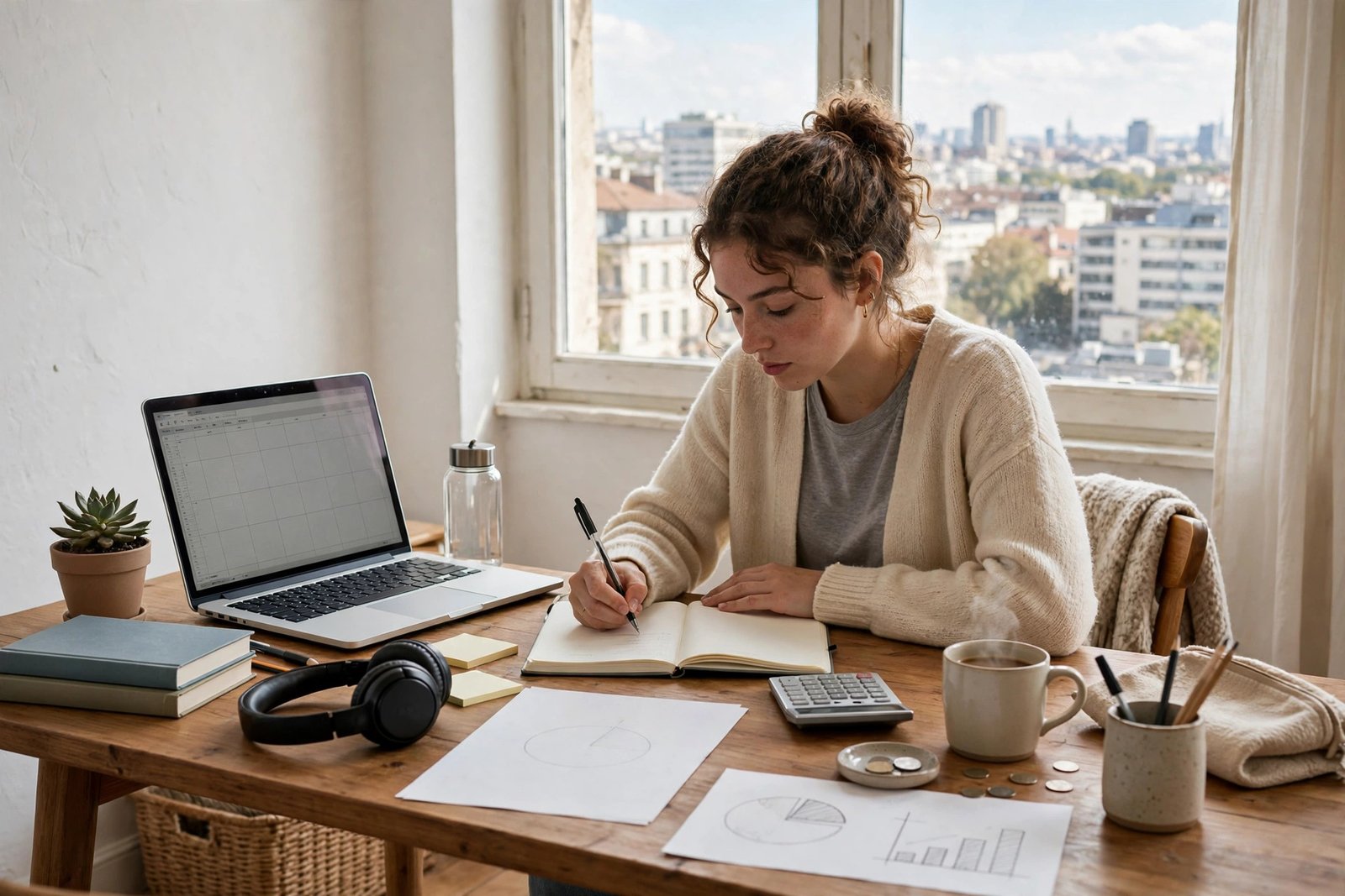 Student budgeting monthly stipend expenses at a desk in a student apartment