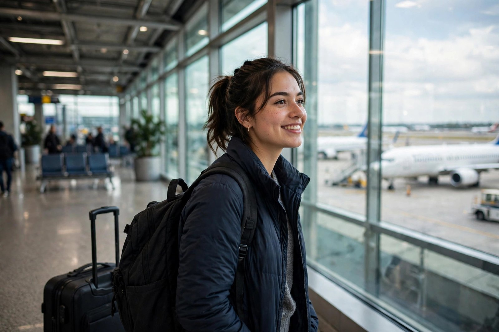 International student with luggage at an airport, travelling on a scholarship that covers airfare