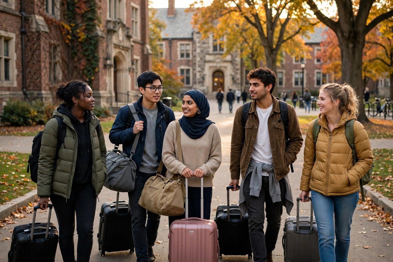 Students arriving at a university campus with luggage after a scholarship-funded flight
