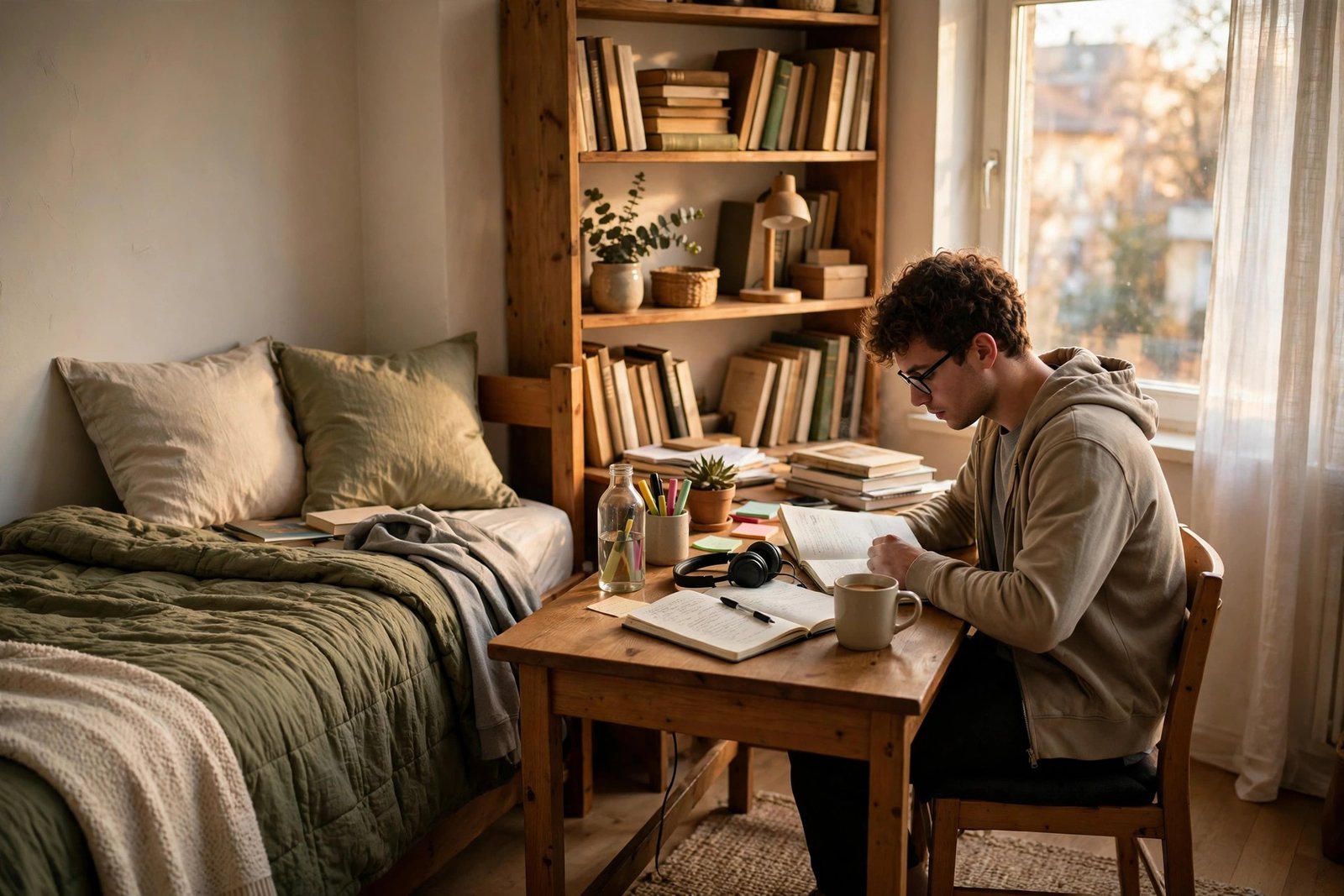 Student studying in a dormitory room provided by a fully funded scholarship with accommodation and monthly stipend