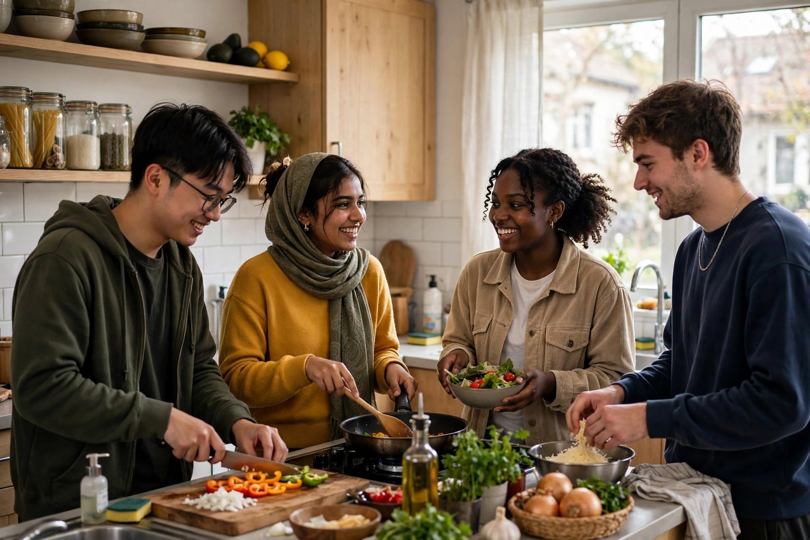 International students sharing a meal in a student residence kitchen on a fully funded scholarship
