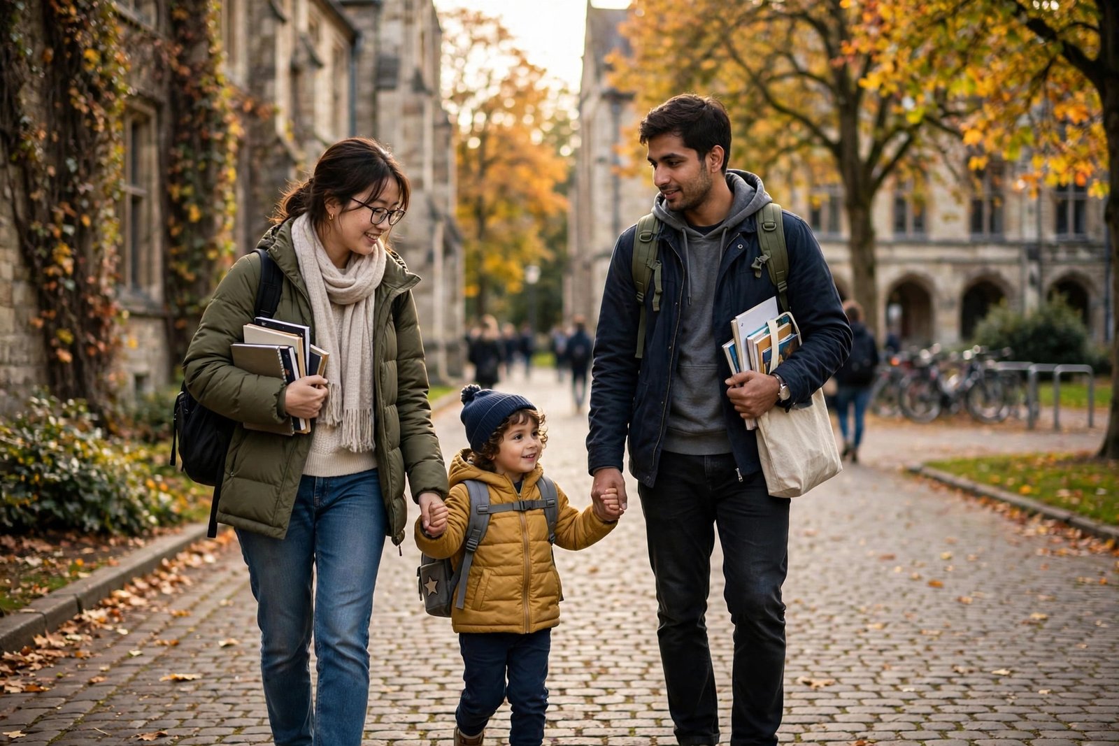 International student family with a young child walking on a university campus
