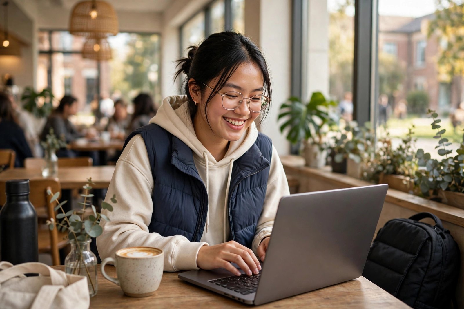 International student completing a short scholarship application on a laptop at a campus cafe
