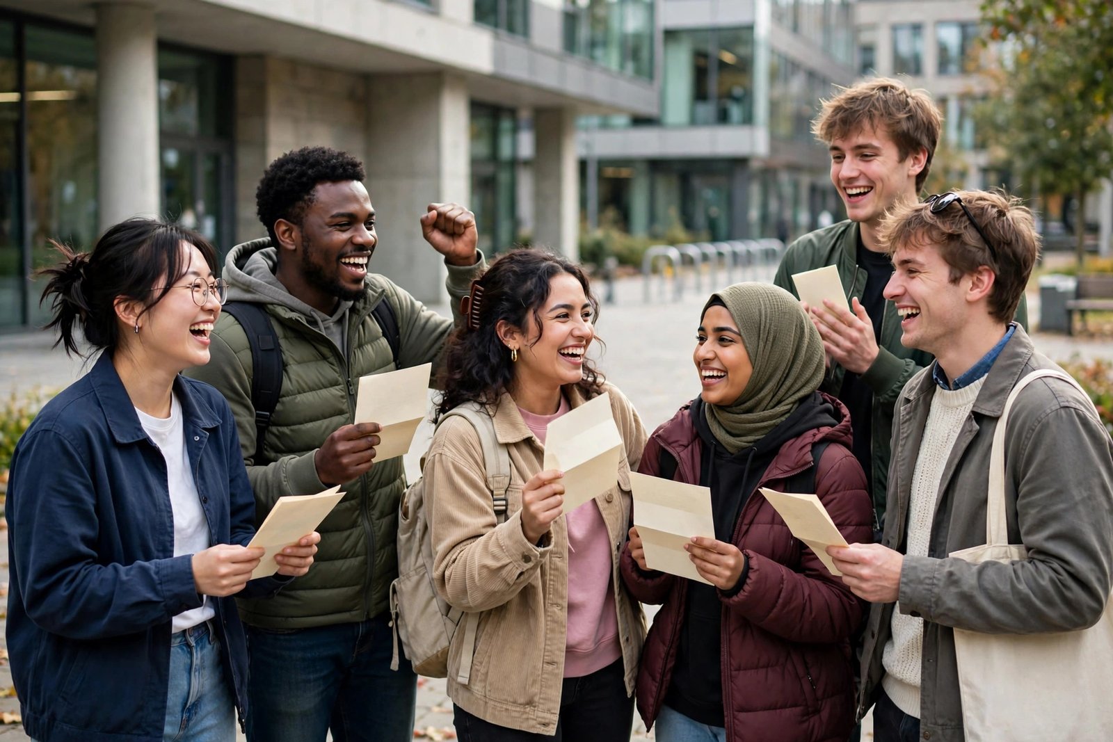 Diverse undergraduate students celebrating university offer letters outside a campus building