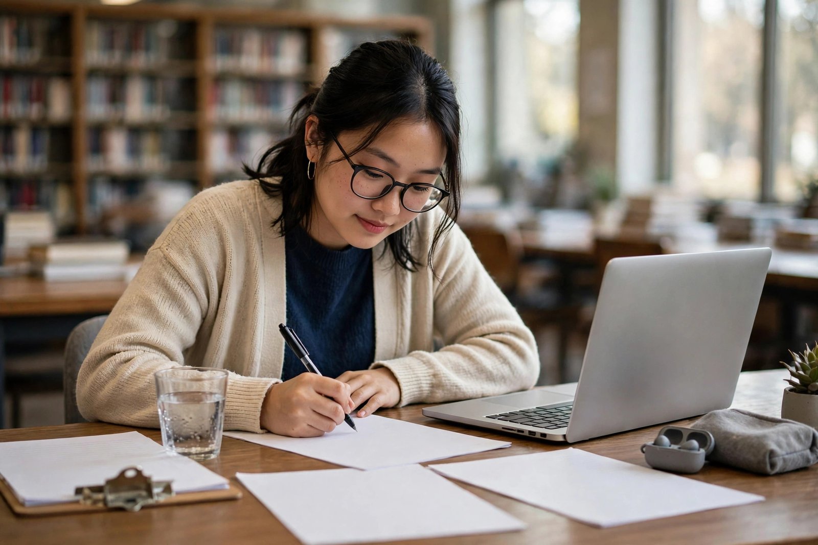 Student preparing a scholarship application in a university library for programmes with realistic acceptance chances