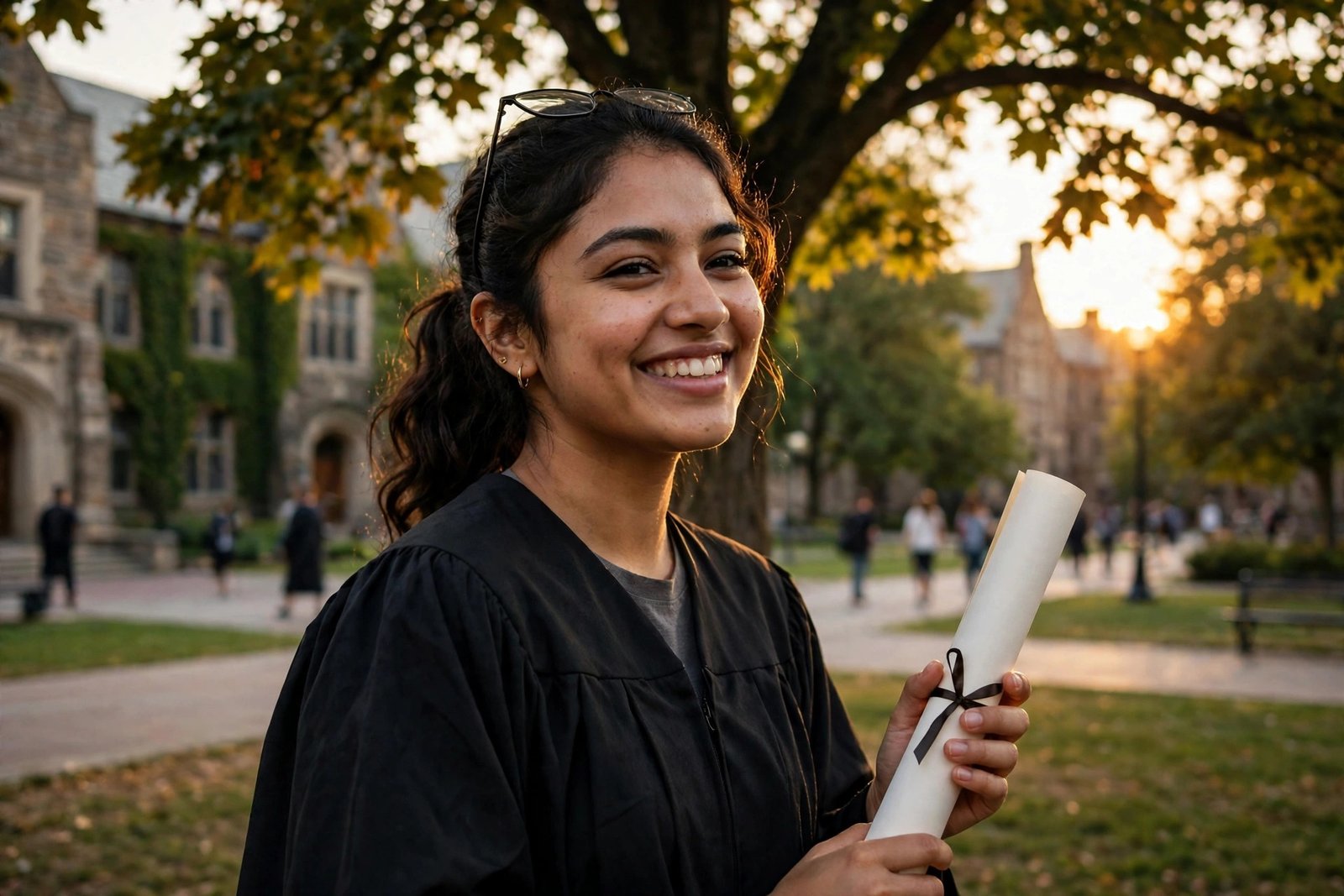Graduate celebrating a fully funded scholarship award on a university campus