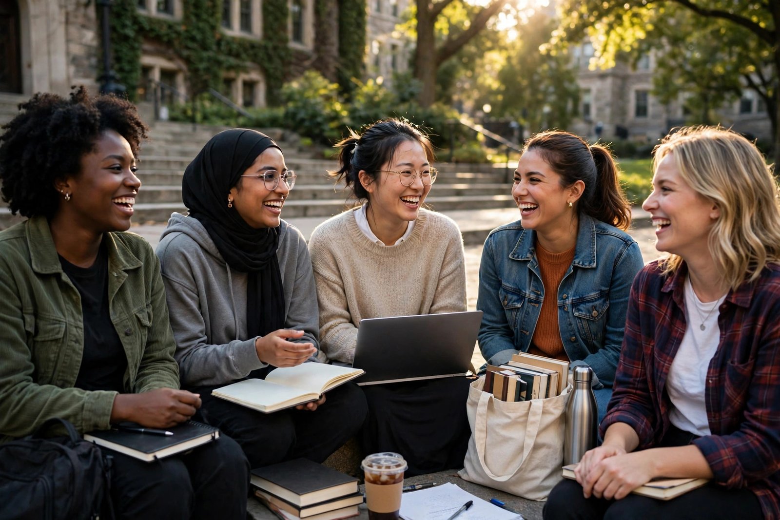 Women students on a university campus planning fully funded scholarship applications together