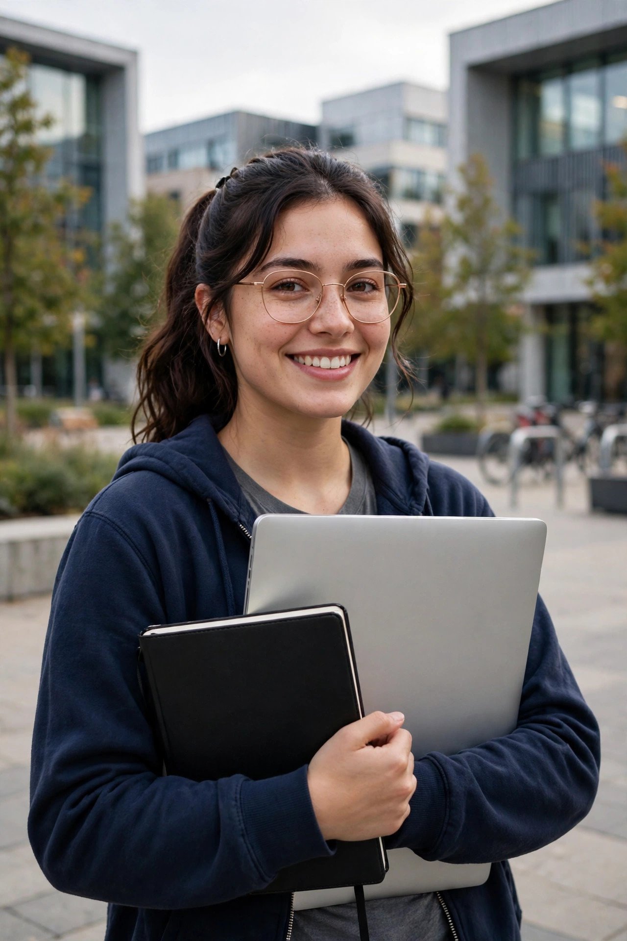 Woman engineering student on a university campus applying for STEM scholarships