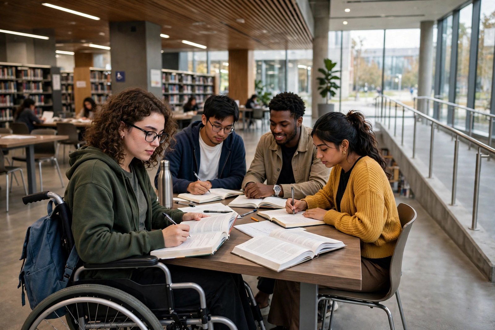 Student using a wheelchair studying in an accessible university library — scholarships for students with disabilities 2026