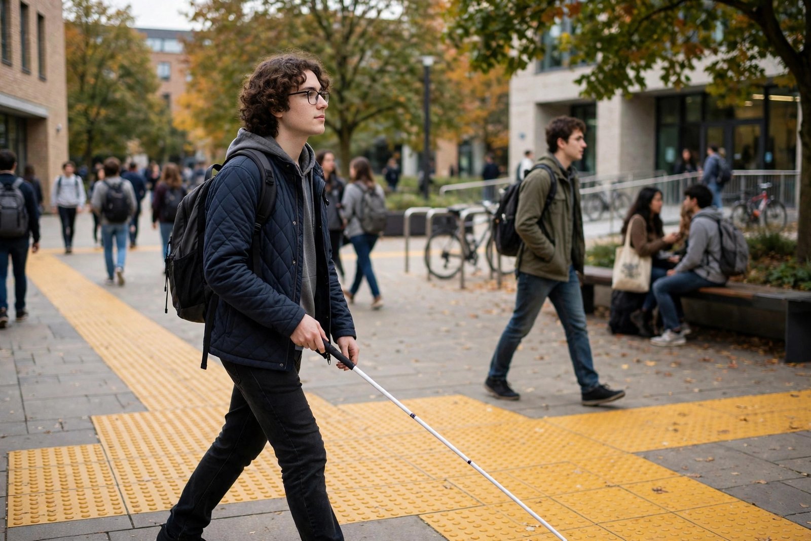 Student with a white cane crossing an accessible university campus — study abroad with a disability
