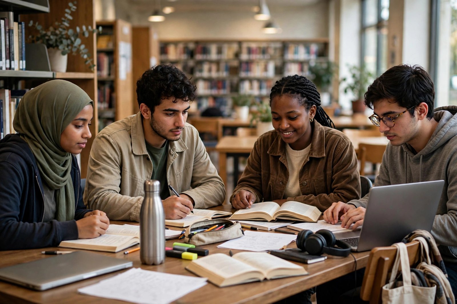 Refugee students studying together in a university library — scholarships for refugees 2026