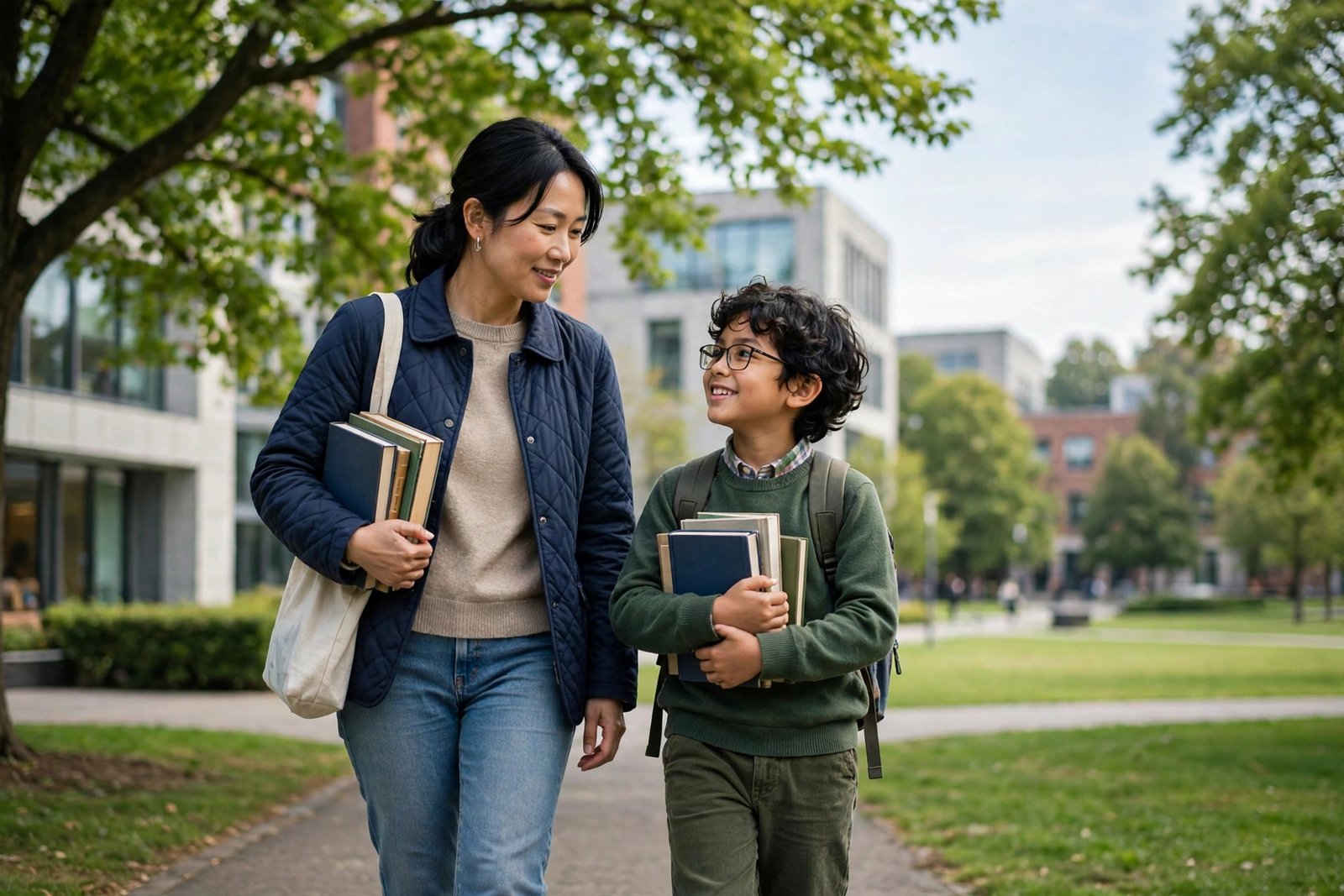 Parent and child walking across a university campus with books
