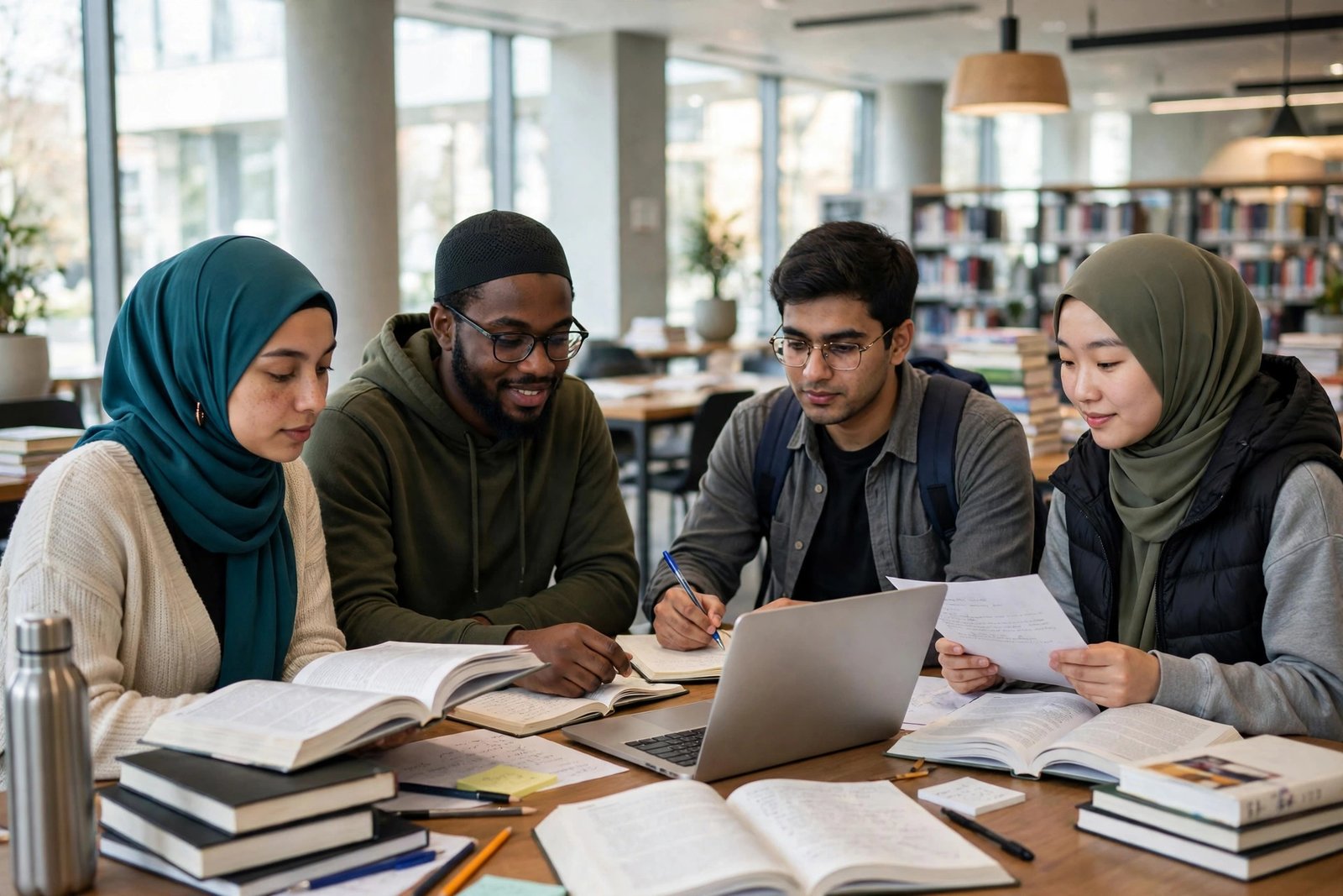 Muslim students studying together in a modern university library