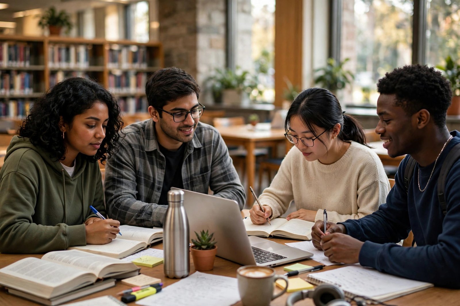 Students studying together in a sunlit university library