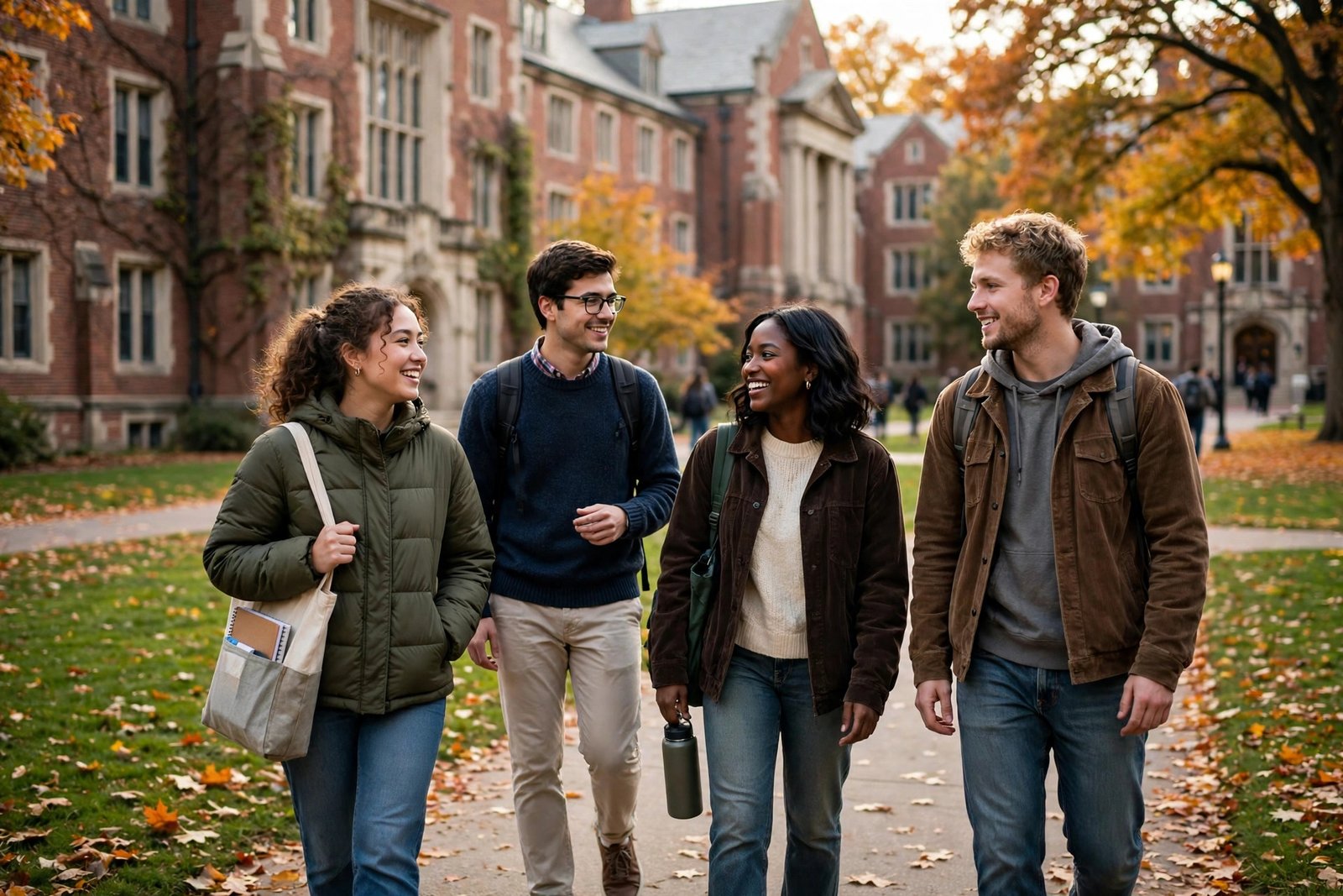 Students walking across a classic university campus with brick buildings