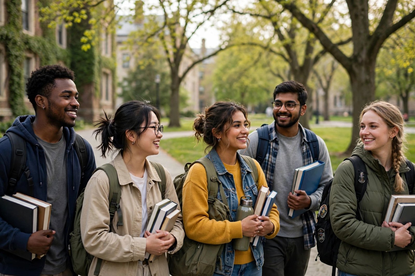 Diverse university students from minority backgrounds walking together on campus