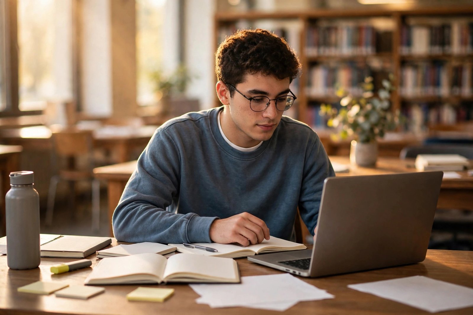 Student without family support studying independently in a university library