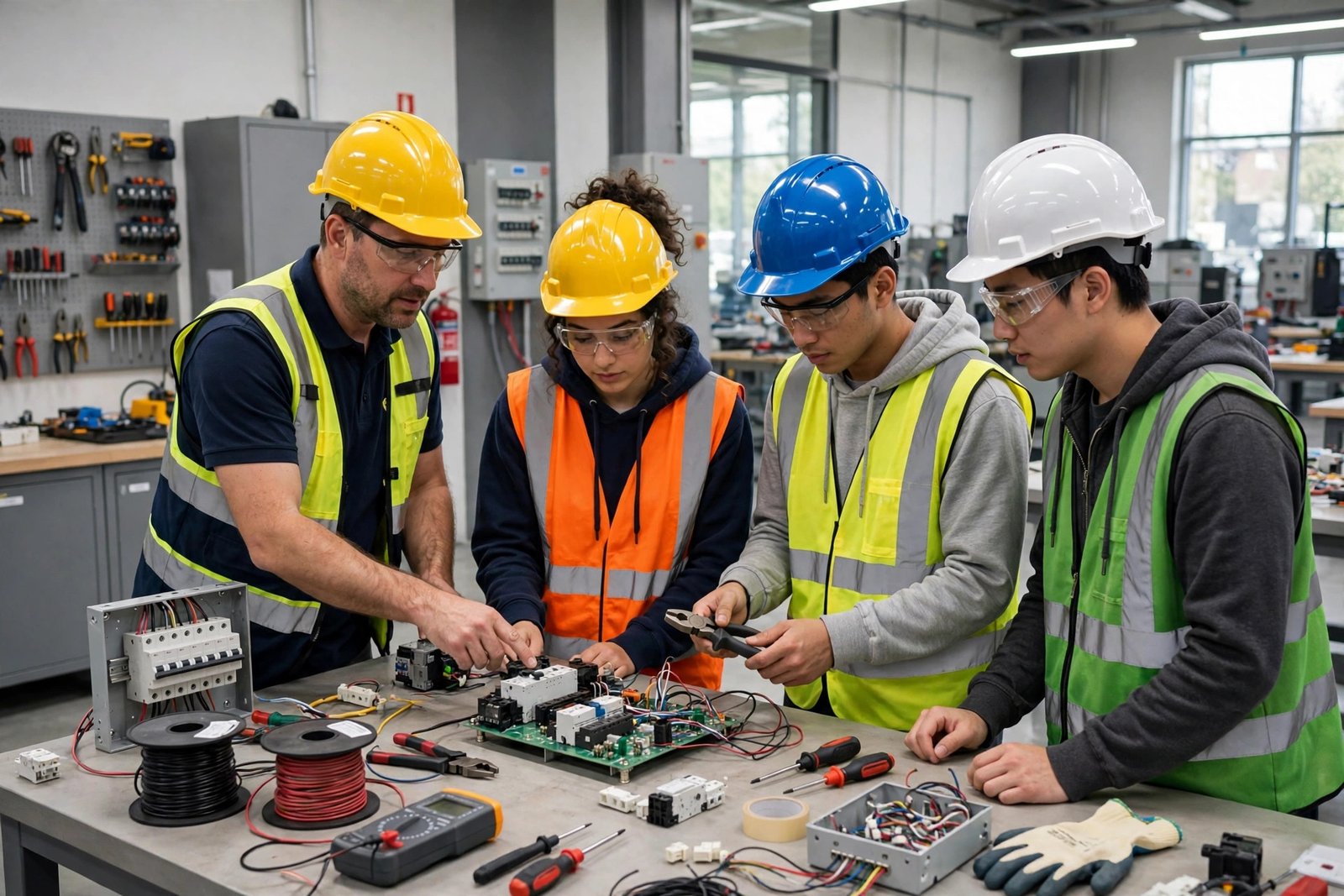 Vocational training students learning electrical skills in a workshop
