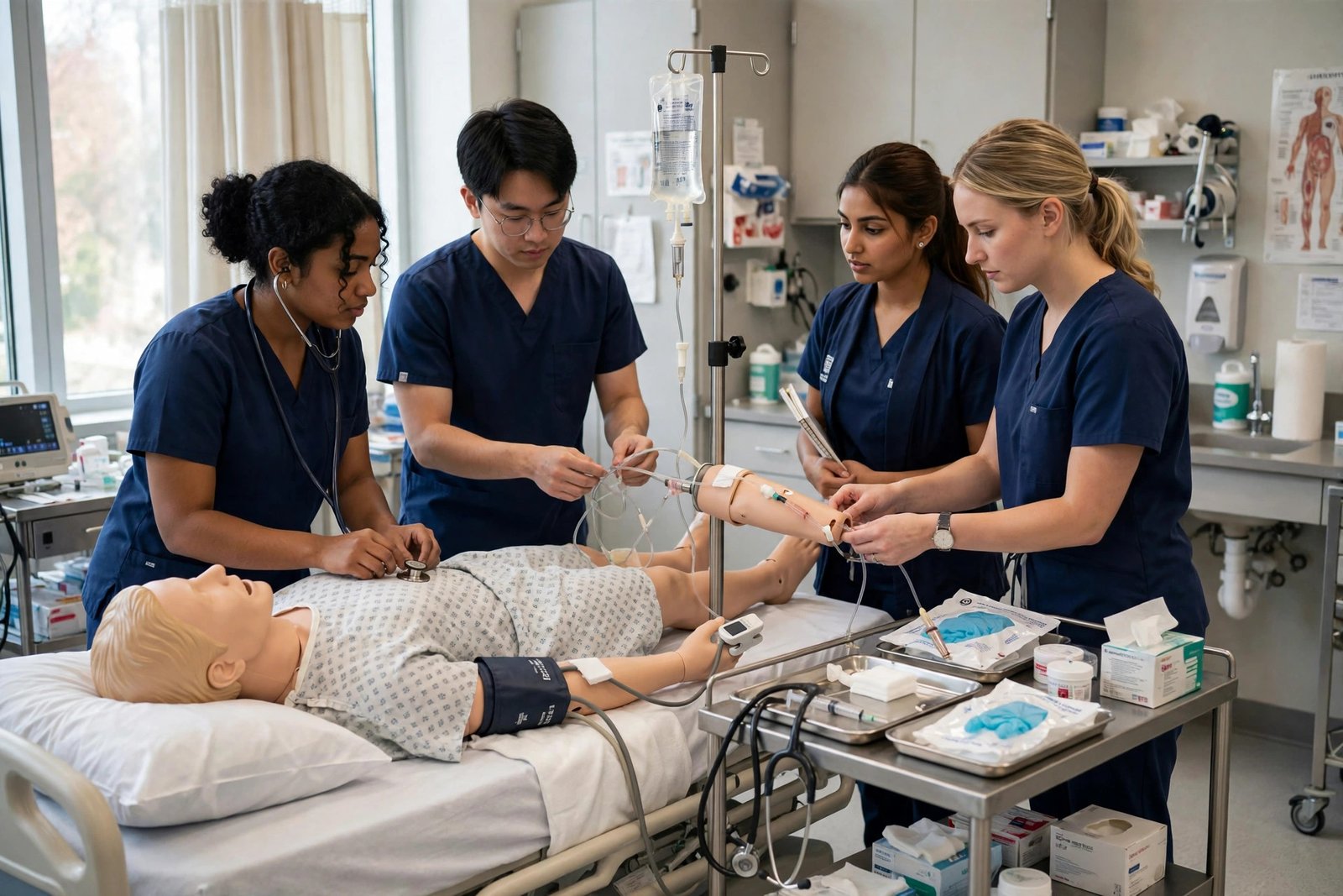 Diploma of nursing students practising in a clinical training laboratory