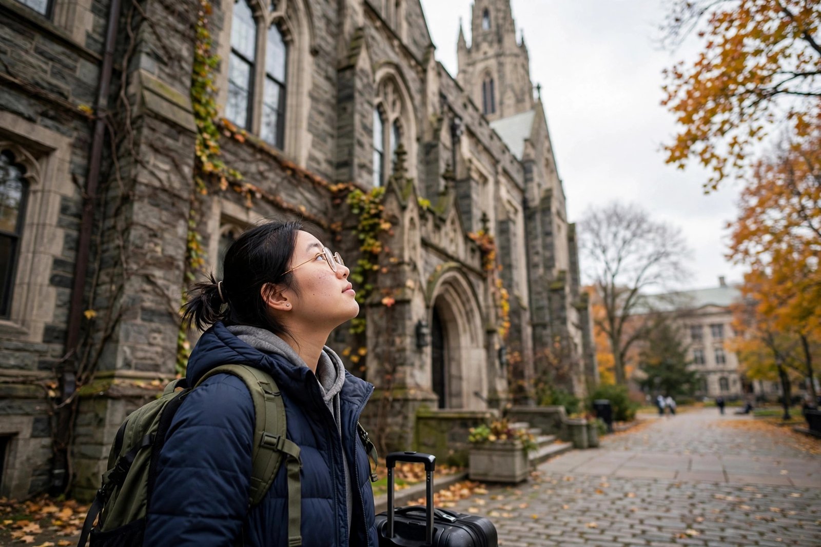 New international undergraduate student arriving on a university campus