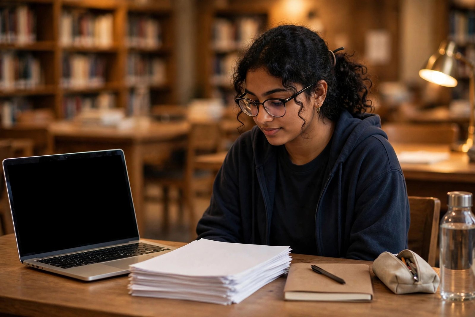 International student preparing a scholarship application at a study desk with documents and a laptop
