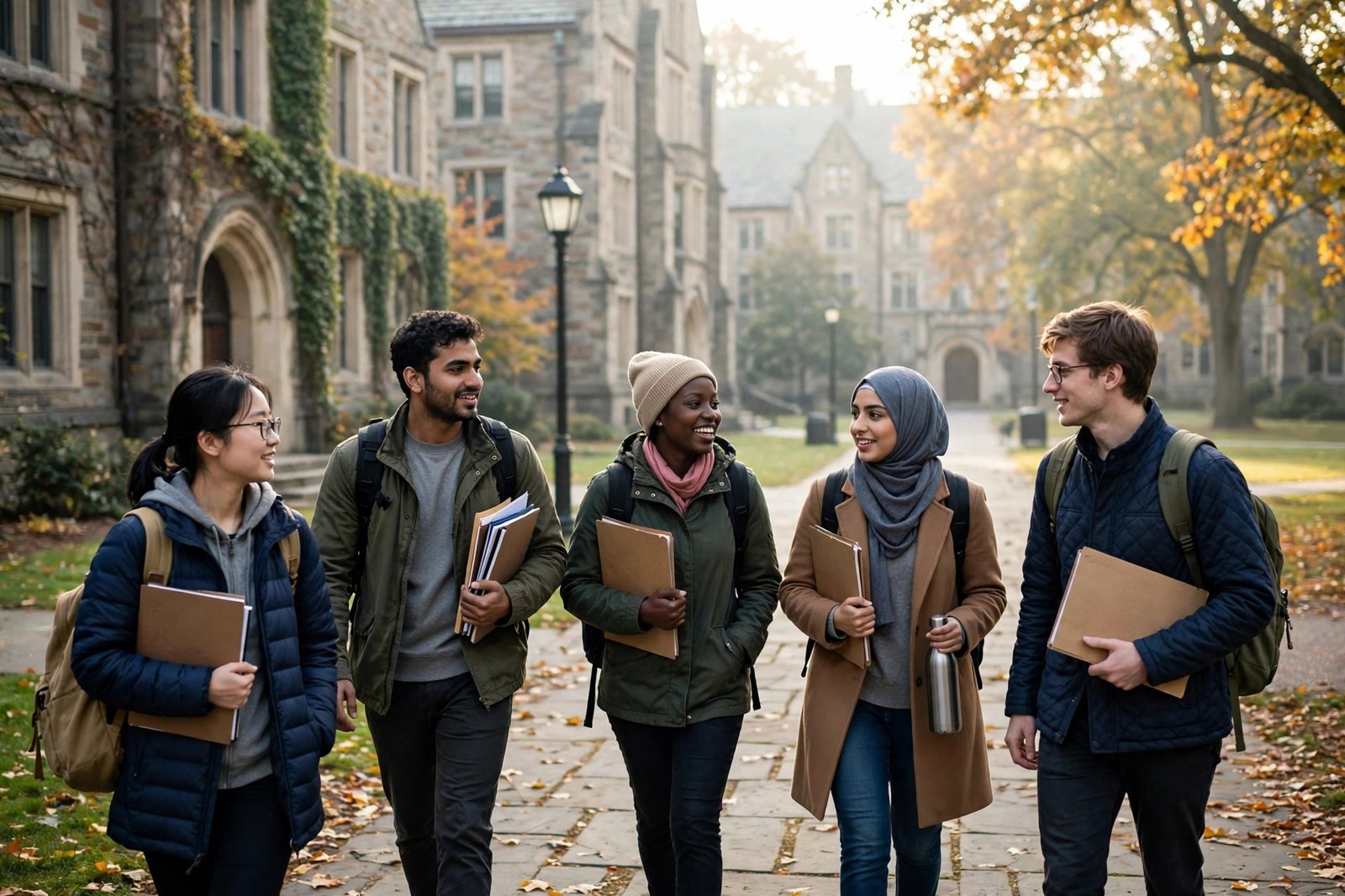 International students walking across a university campus carrying application folders