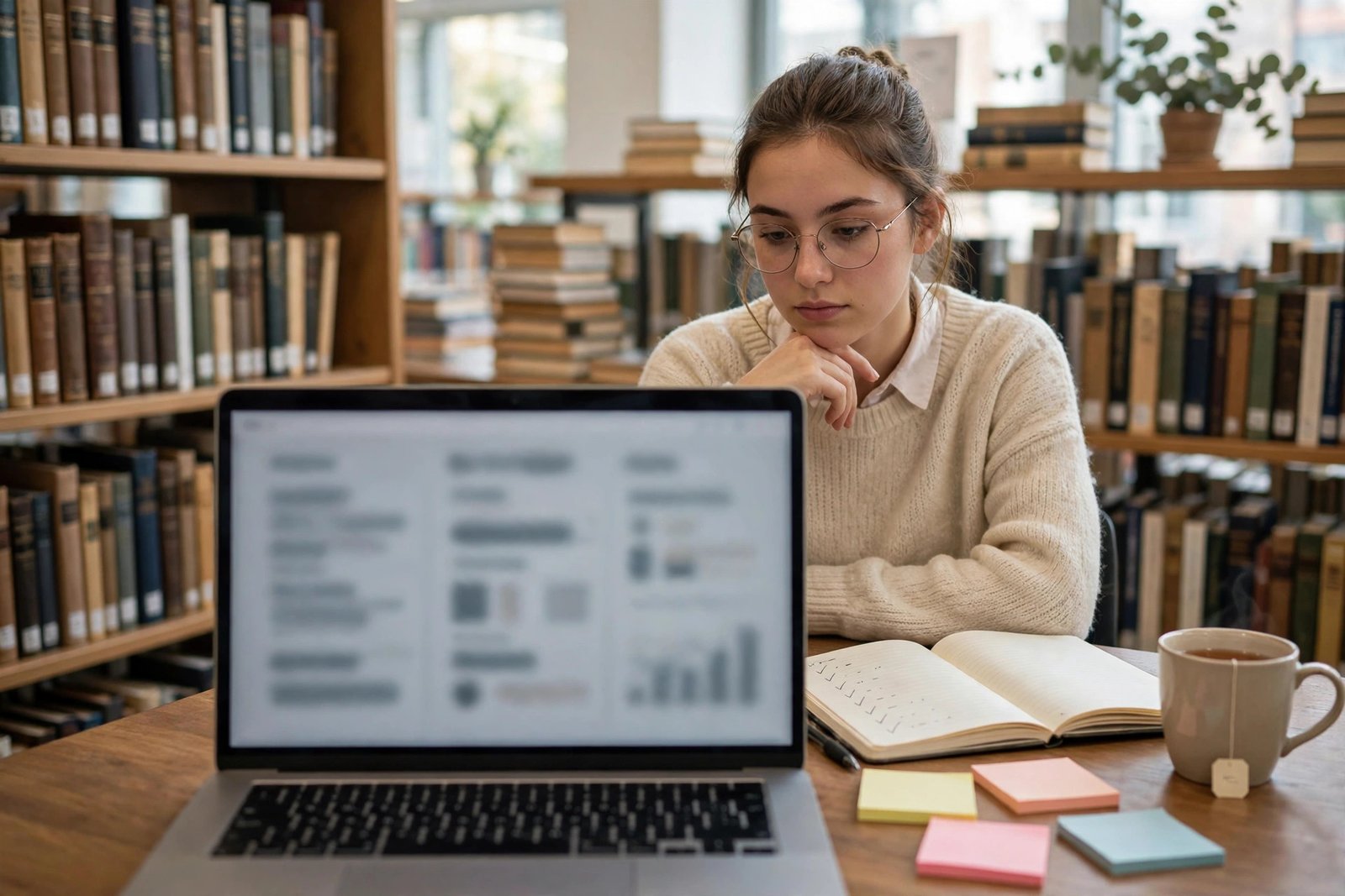 Student searching for scholarships and building a shortlist in a university library