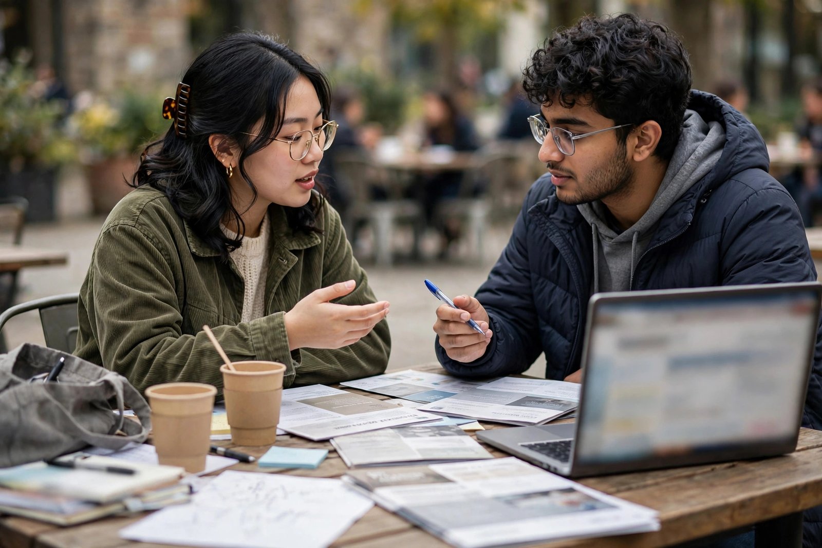 International students discussing scholarship options and study plans at a campus cafe