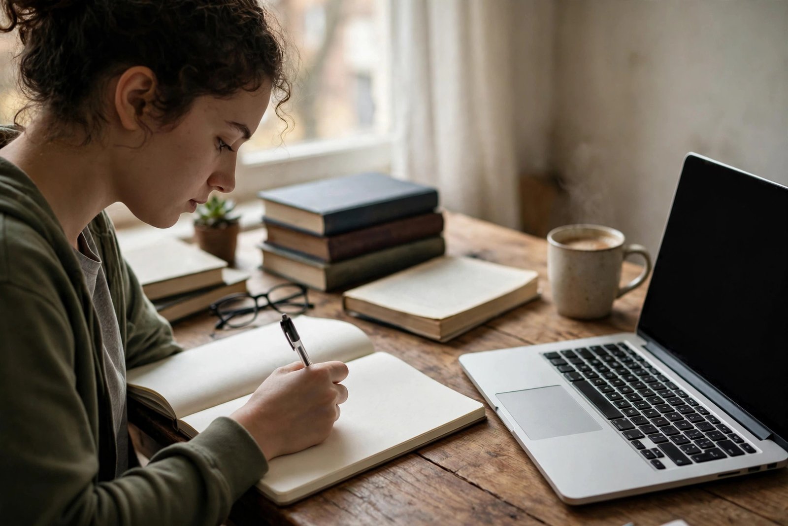 Student drafting a scholarship essay by hand at a desk with a laptop and reference books