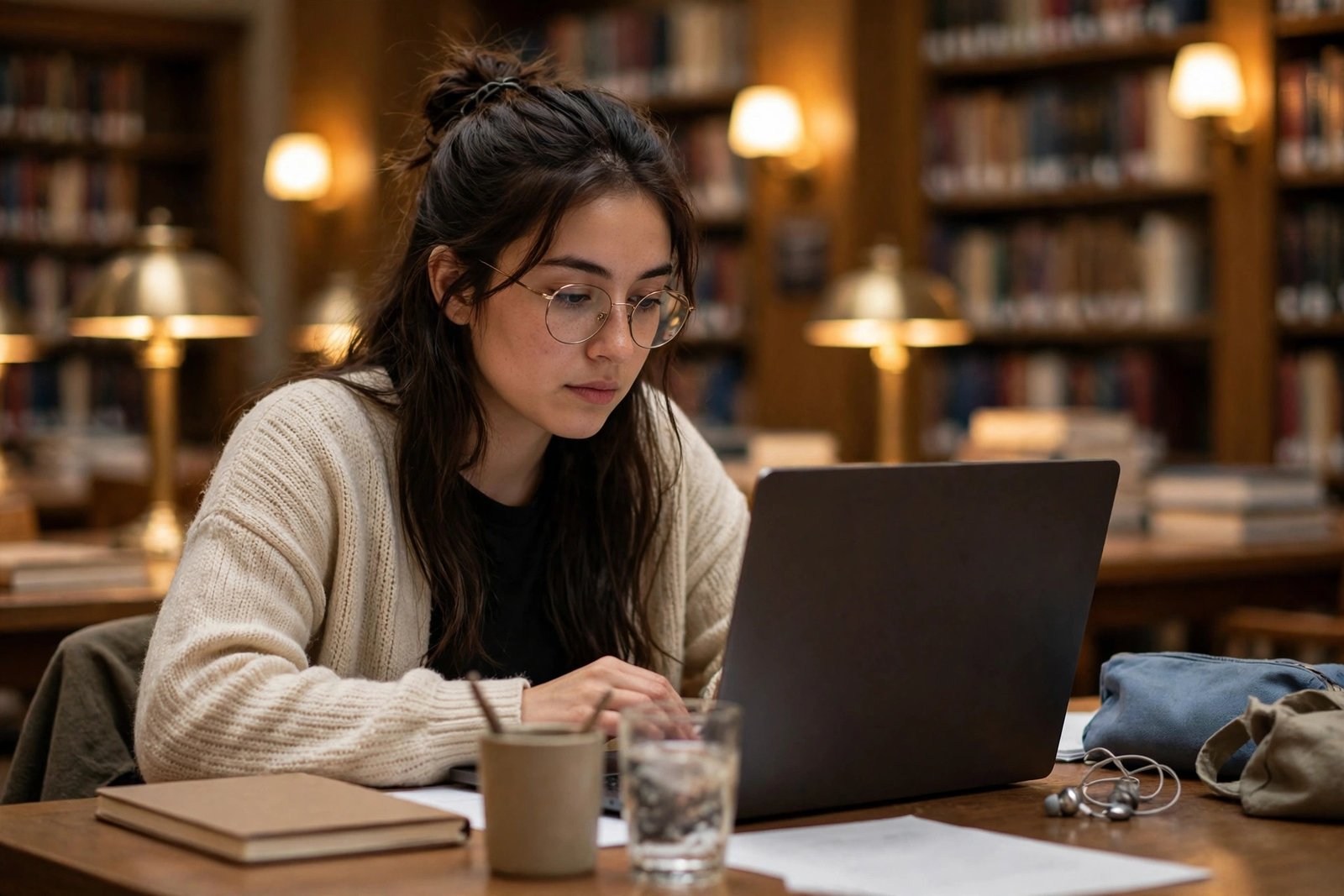 Graduate student revising a scholarship essay draft on a laptop in a university library