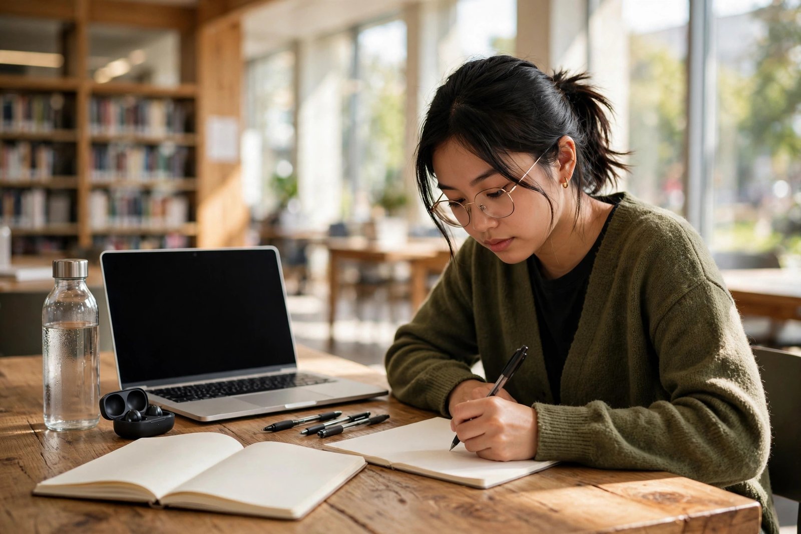 Student drafting an SOP for scholarship at a library desk