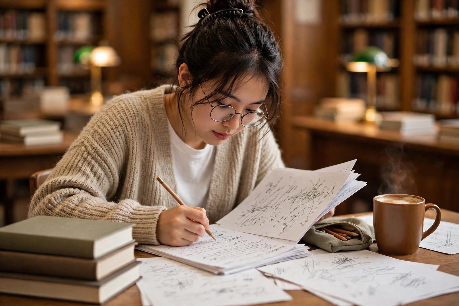 Student revising scholarship SOP drafts with notes and books