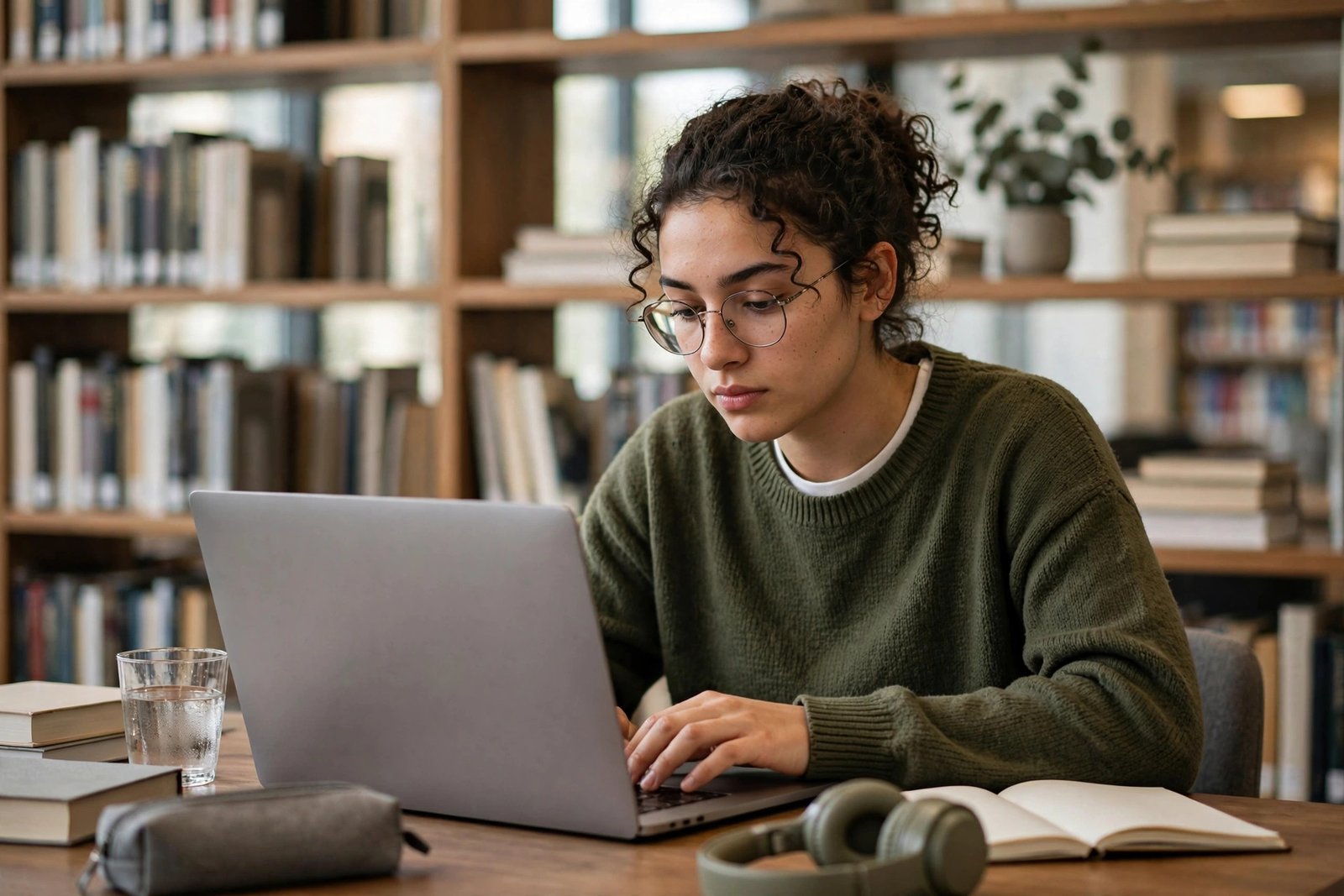 Graduate student writing a motivation letter for scholarship in a university library