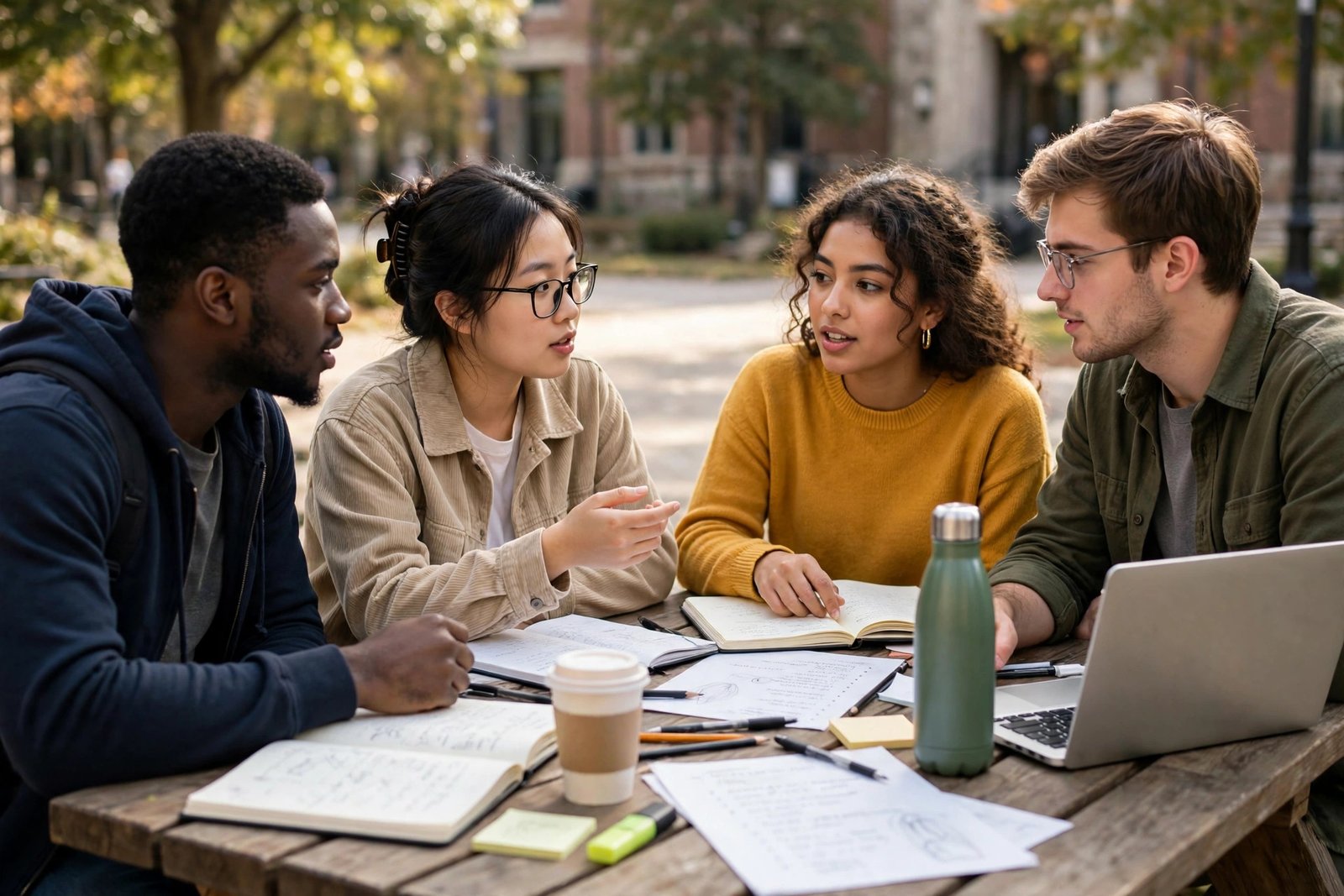 Students planning scholarship applications together at a campus table