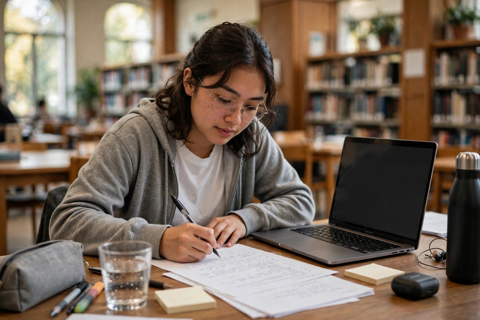 Student writing and formatting a scholarship CV at a desk in a university library