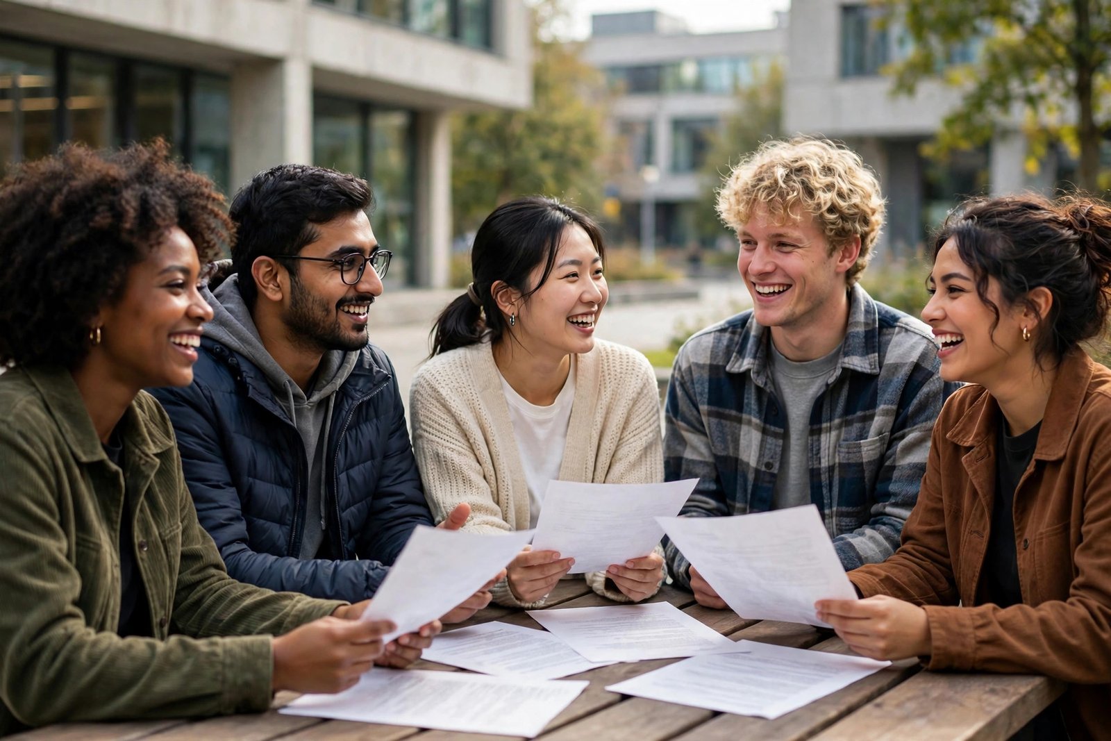 Students reviewing scholarship CV documents together on a university campus