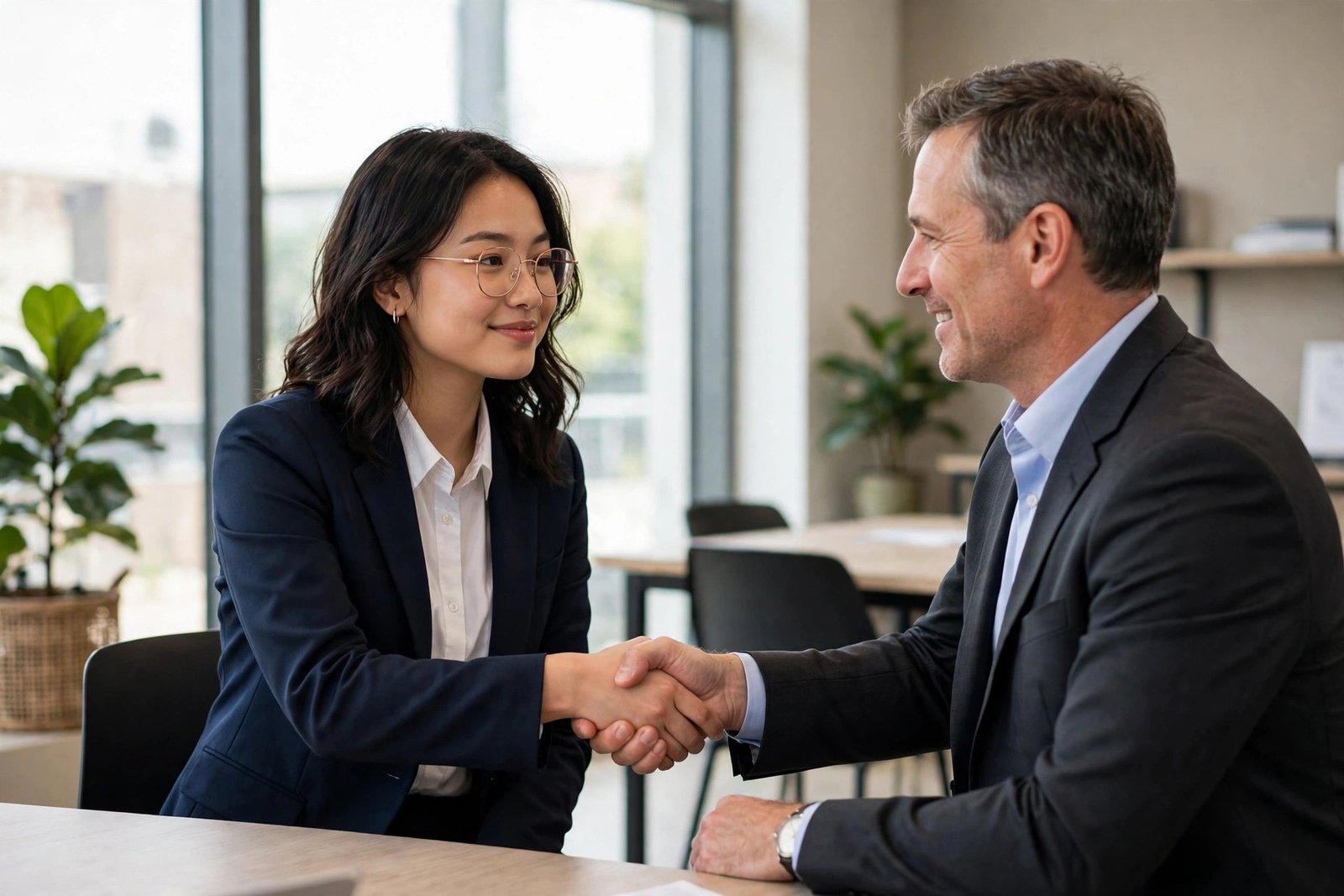 Student in interview attire greeting a scholarship panel member