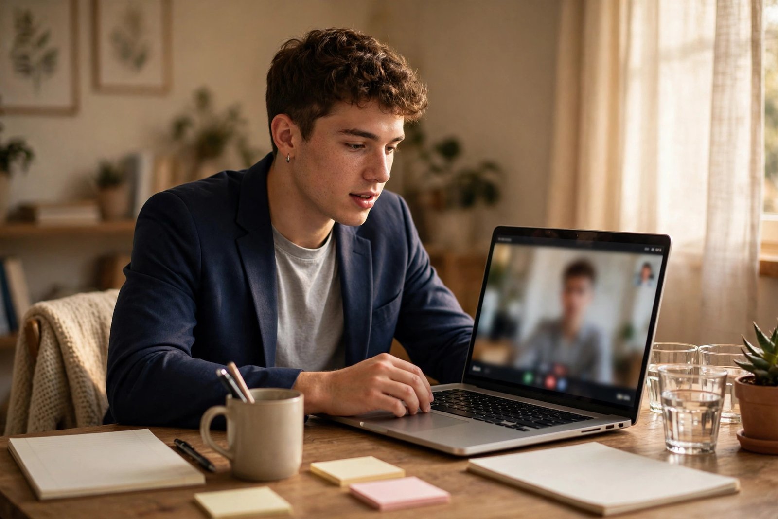 Student practising for a scholarship interview on a video call at home
