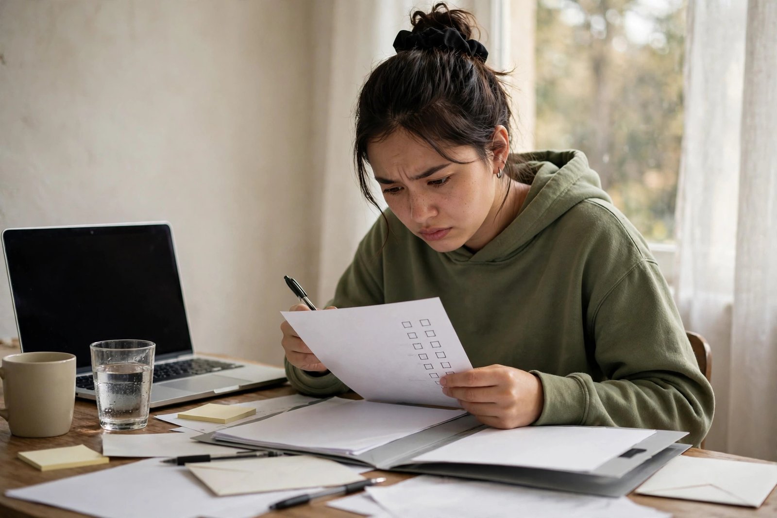 Student checking scholarship application documents against a checklist