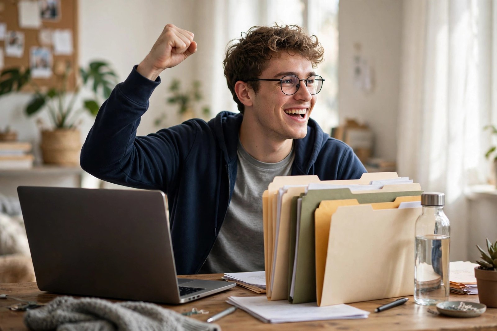 Relieved student after successfully submitting a scholarship application on time