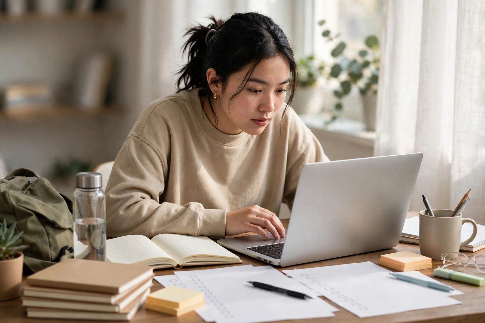 International student researching how to get a fully funded scholarship on a laptop with a written plan
