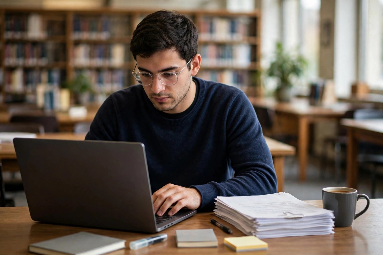 Postgraduate student writing an email to a professor for a PhD scholarship in a university library
