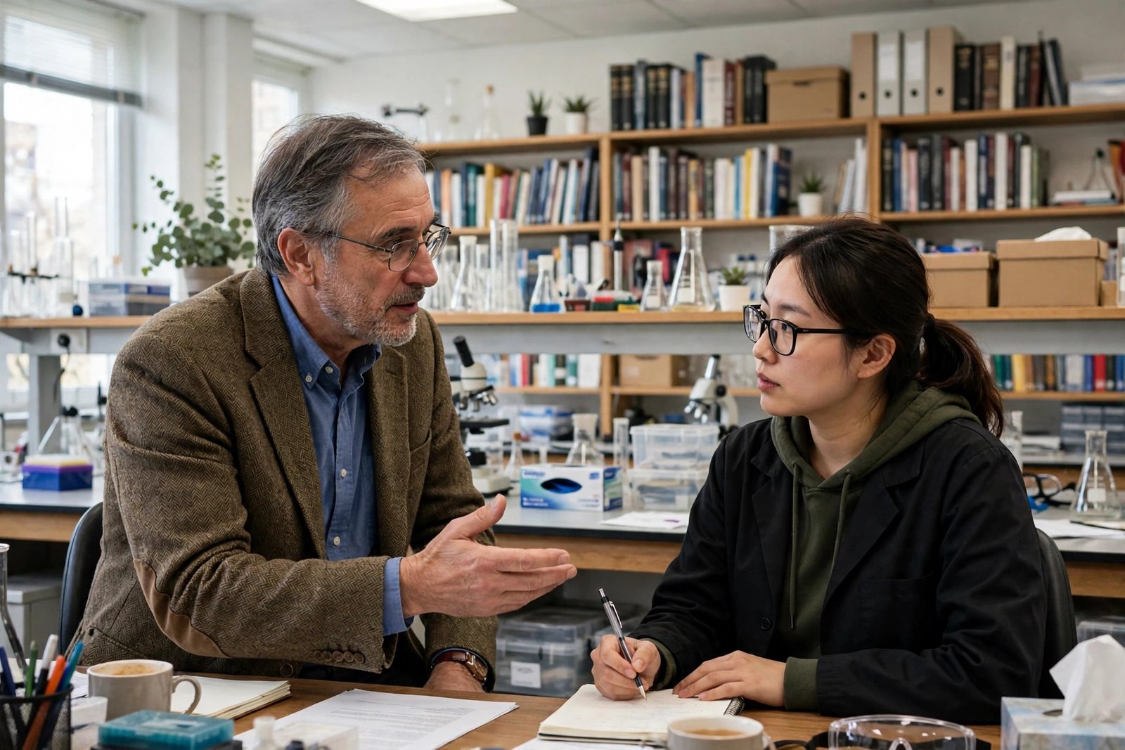 Professor discussing doctoral supervision with a prospective PhD student in a university office